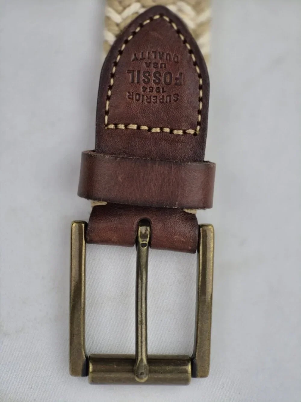 Fossil Kyle Khaki Belt Braided Rope & Leather Trim Adjustable Cream Tan Size 34
